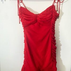 Red Ruched Spaghetti Strap Dress